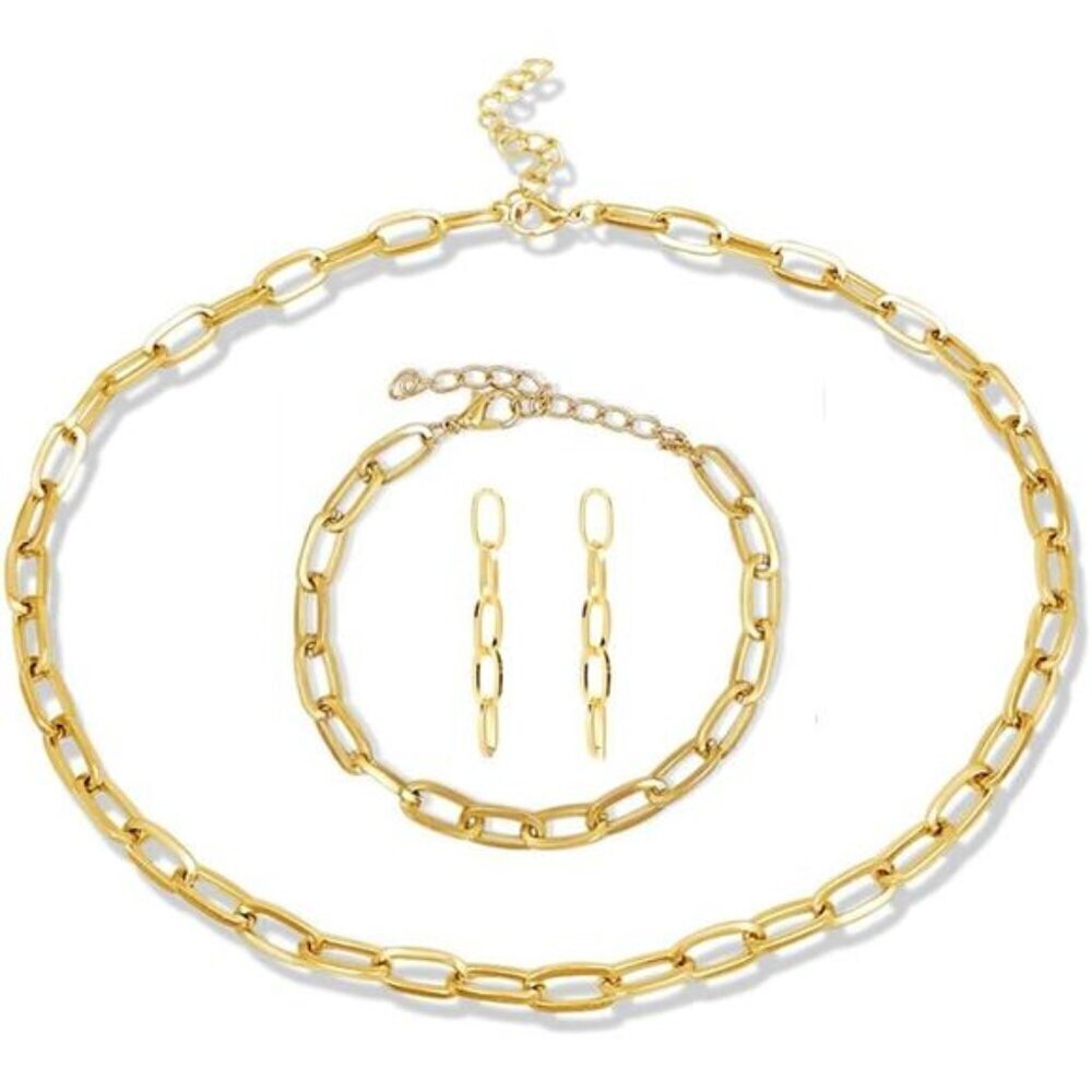 Classic Gold Paperclip Chain Jewelry Set – Necklace, Bracelet, and Earrings